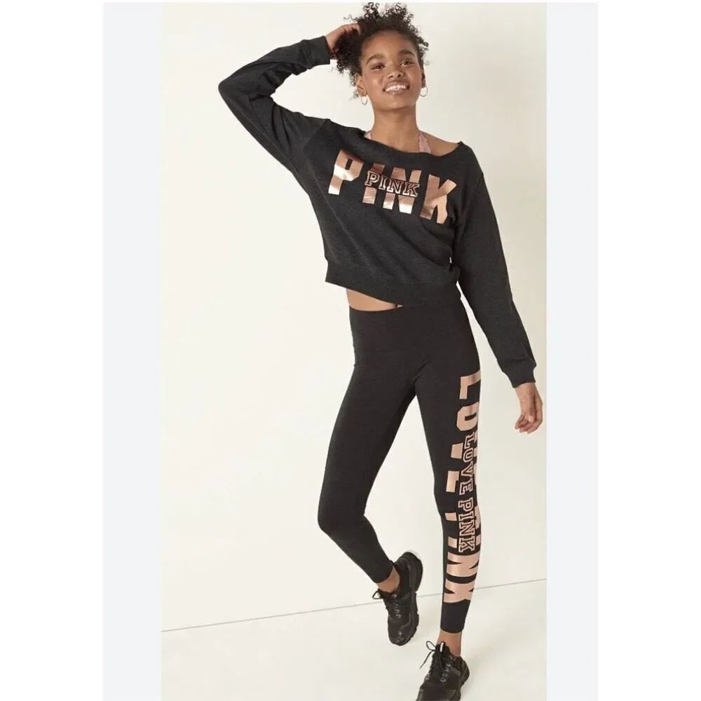 vs pink leggings xL  foldover cotton logo on leg rose gold shine foil
